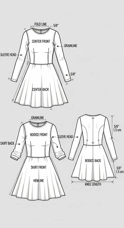 Detailed Skater Dress Pattern Sketch with Long Sleeves