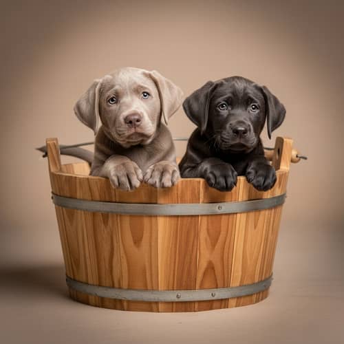 Silver and Charcoal Labrador Puppies in Wooden Bucket