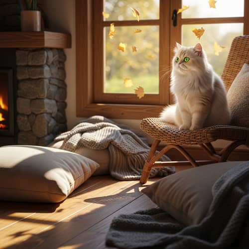 Adorable Cream Persian Cat Watching Autumn Leaves