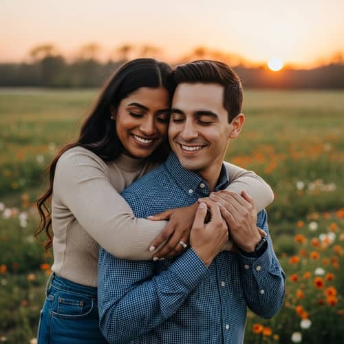 Loving Embrace of a South Asian Woman and Hispanic Man in a Blooming Field