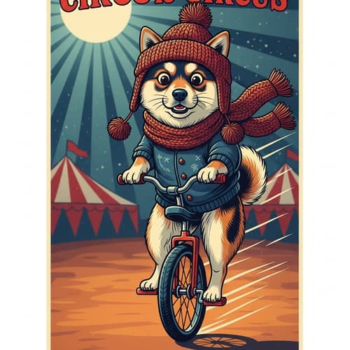 Surprised Shiba Dog Riding Unicycle in Whimsical Circus Setting