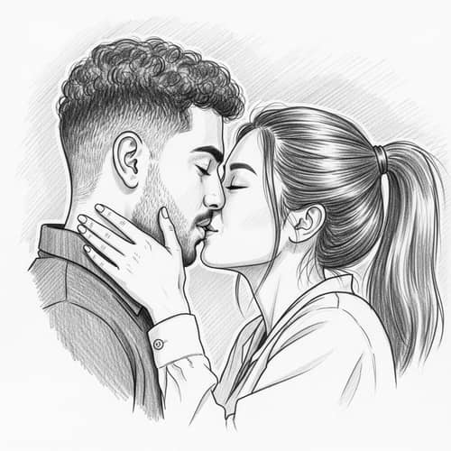 Tender Kiss by Diverse Couple - Heartwarming Sketch Art