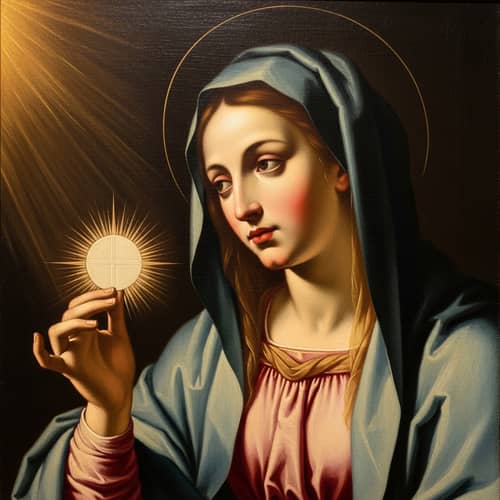 Renaissance Inspired Religious Art with Blessed Virgin Mary and Eucharist Host