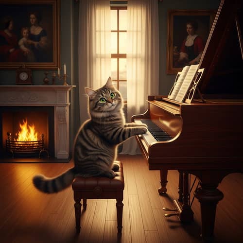 Charming Scene of Fluffy Brown Tabby Cat Playing Piano in Elegant Living Room