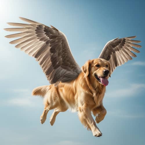 Golden Retriever with Wings Soaring in a Dreamy Blue Sky