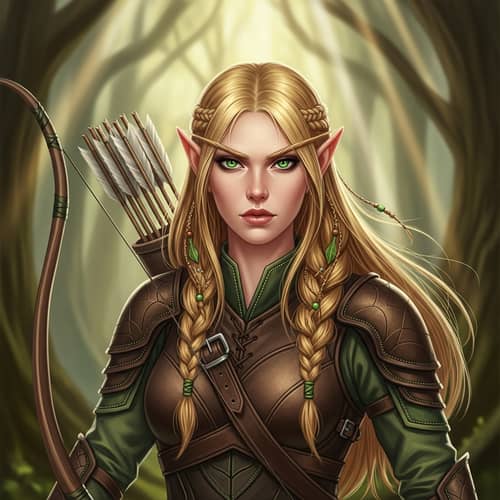 Beautiful Elf Archeress with Golden Hair and Emerald Green Eyes