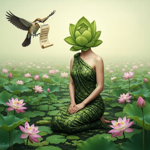 Serene Lotus Lady in Green Dress Surrounded by Justice Bird