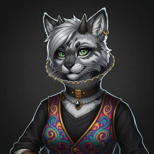 Female Tabaxi Rogue in Grey Elizabethan Collar & Colourful Vest