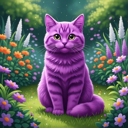 Cute Purple Cat in Vibrant Garden | Mystical Glow