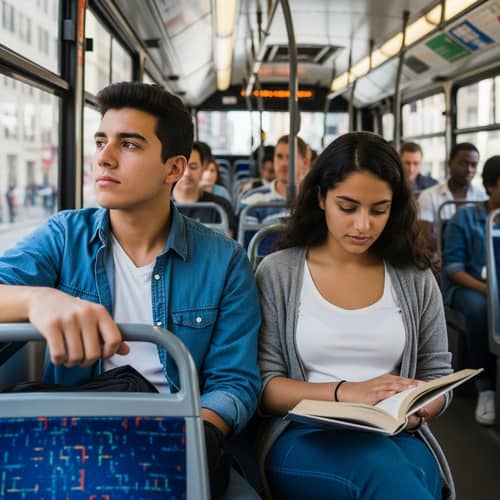 City Bus Scene: Diverse Passengers Engaged in Daily Life