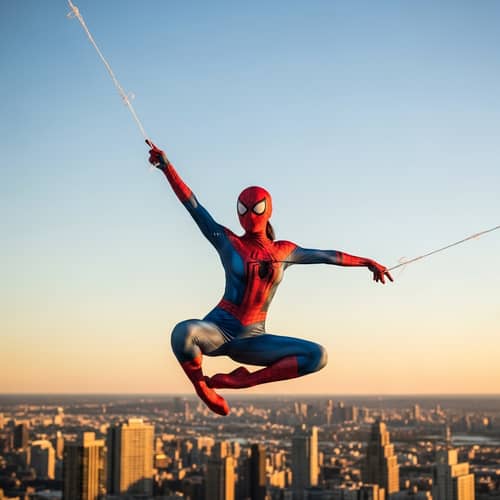 Kalifla Spiderman: Athletic Woman Swinging in City at Sunset