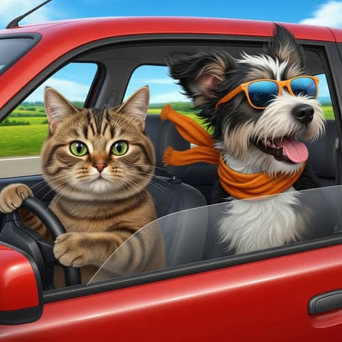 Humorous Cat and Dog Driving Scene | Countryside Joy Ride