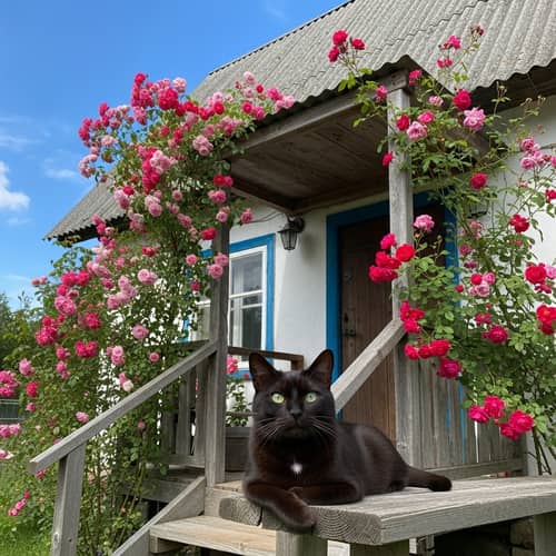 Sable-Colored Cat Lounging on Rustic Cottage Porch | Charm & Tranquility