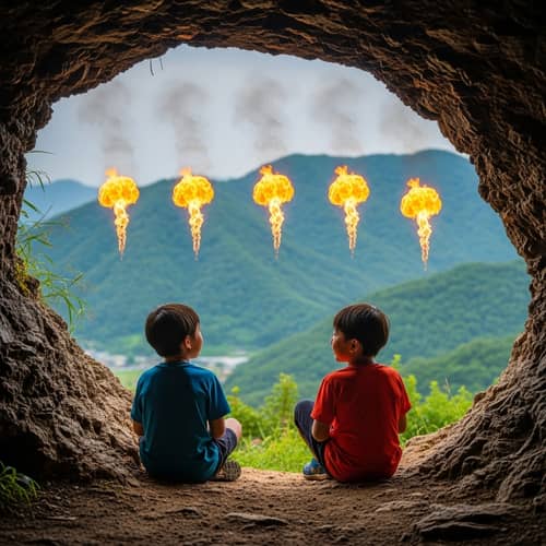 Asian Boys Marvel at Dancing Fireballs in Mountain Cave