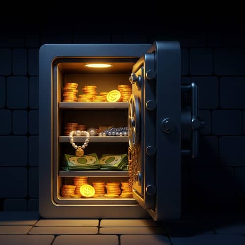 Cartoony Roblox Style Opened Safe with Assorted Treasure Items