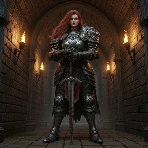 Red-Haired Woman in Armour | Mysterious Hallway Scene