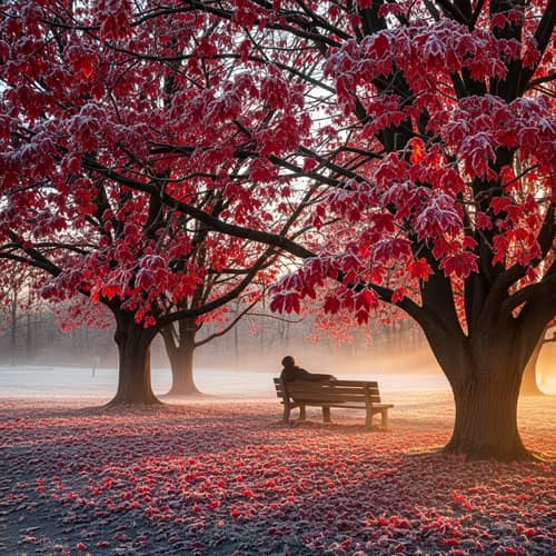 Maple Forest: Red Frost-Dusted Leaves in Late Hours