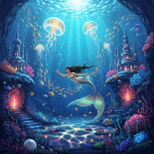 Surreal Underwater Scene with Graceful Asian Mermaid