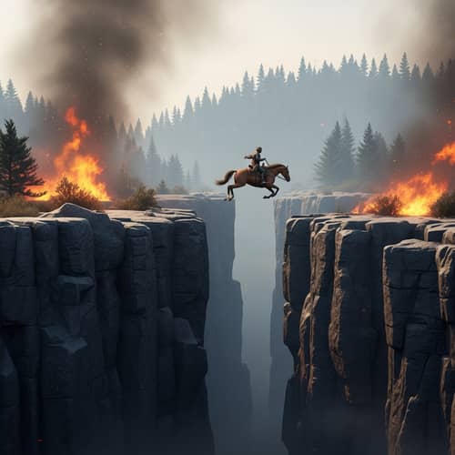 Dramatic Horse Soaring Over Rocky Chasm | Forest Fire Scene