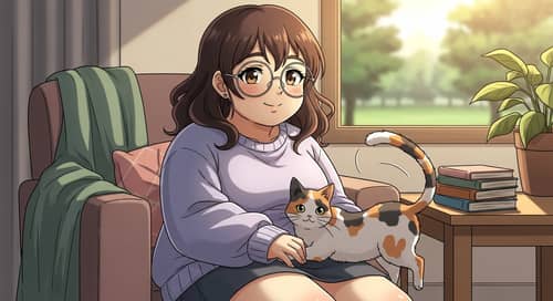 Chubby Anime Brunette with Wavy Hair & Calico Cat