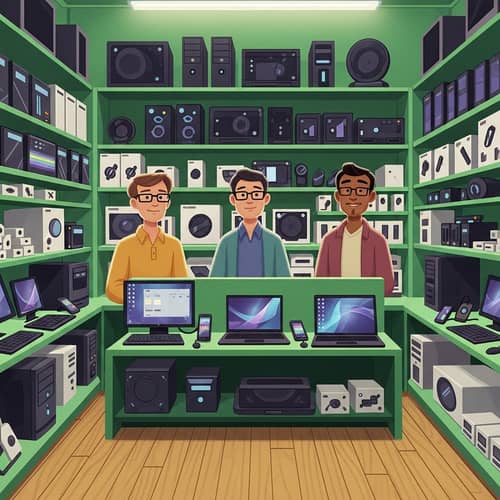 Electronics Store Managed by Three Clerks | Green Theme & Variety of Products
