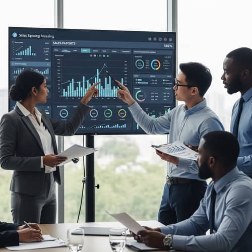 Diverse Corporate Professionals Sales Meeting | Digital Dashboard Insights