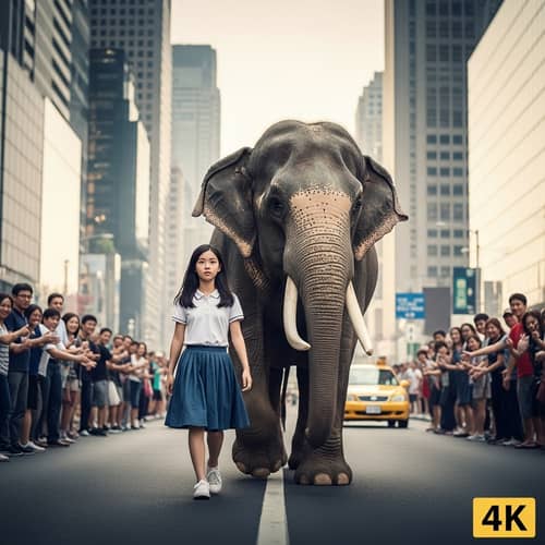 4K Photo of Asian Teen Girl with Elephant in City