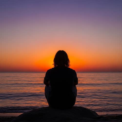 Tranquil Sunset Scene: A Man Reflecting by the Calm Sea