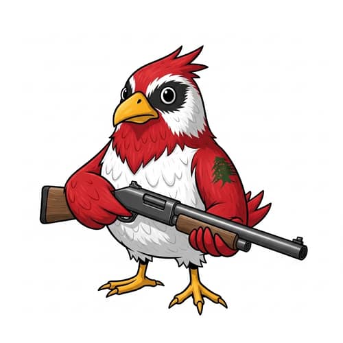 Avian Character Holding Shotgun with Unique Red, White, and Green Color Palette
