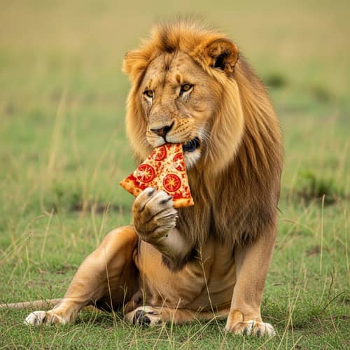 Funny and Mesmerizing: Lion Enjoying Pizza in African Savanna