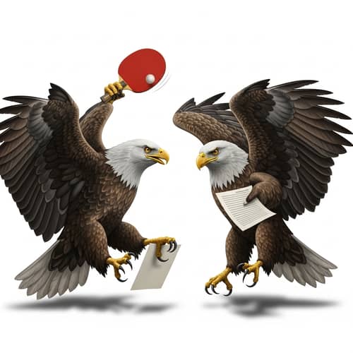 Majestic Eagles Swinging Ping Pong Paddles and Showing Paper