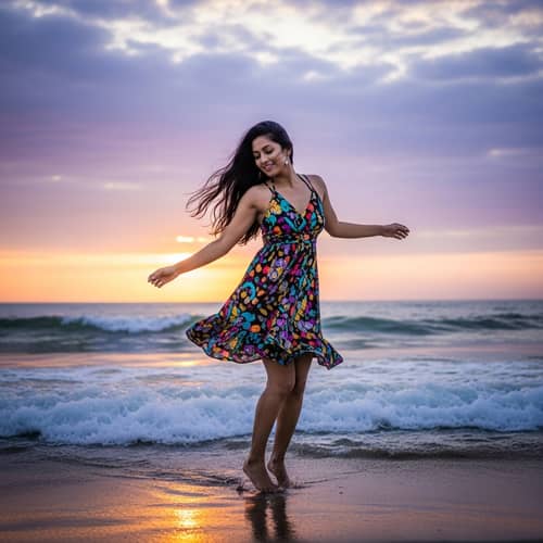 South Asian Woman Dancing on Beach at Sunset