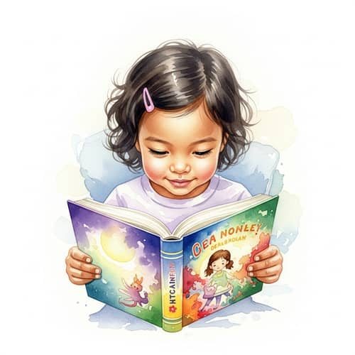 Joyful Child Reading Book | Serene Aquarelle Painting