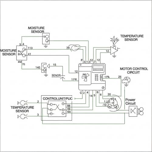 Detailed Diagram of a Corn Dryer System with Moisture and Temperature Sensors