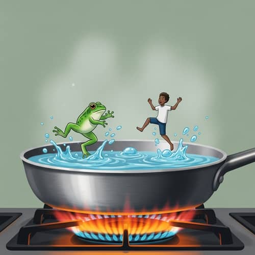 Fantasy Illustration: Frog and Small Person Escaping Boiling Water