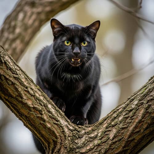 Majestic Black Cat Perched on Tree Branch | Fierce & Alert Pose