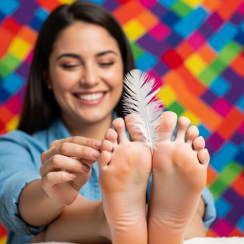 Vibrant Latin American Female in Playful Feather Tickle Fun