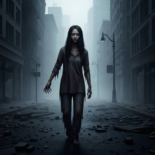 Asian Female Zombie Walking in Abandoned City