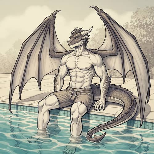 Male Dragon Demi-Human Poolside Glamour: Vintage Pencil Drawing
