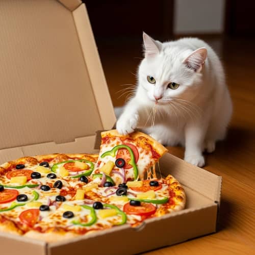 Cute Cat with Green Eyes and Pizza on a Wooden Floor