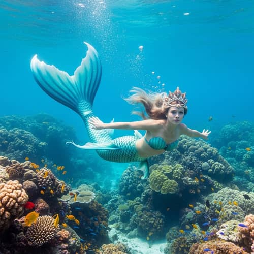 Elegant Mermaid in Turquoise Tail - Underwater Kingdom Serenity