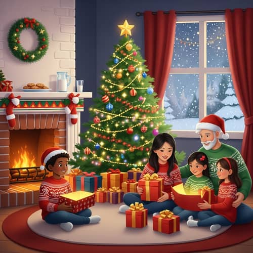 Enchanting Christmas Scene with Diverse Family Unwrapping Gifts