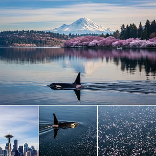 Cherry Blossom Season in Lake Washington with Orca and Space Needle View Cherry Blossom Season in Lake Washington with Orca and Space Needle View