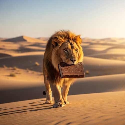 Majestic Lion Journeying Through Expansive Desert with Book
