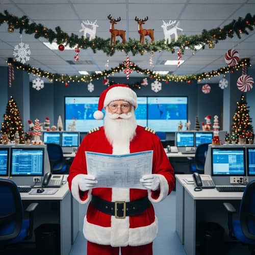 Festive Santa Claus Pilot at Christmas Flight Dispatch Office