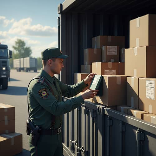 Futuristic Russian Customs Officer Inspecting Container