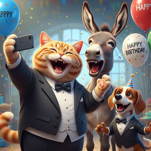 Hyperrealistic Cartoon-Inspired Cat and Donkey Birthday Celebration