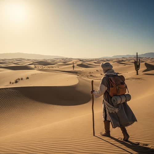 Solitary Traveler Trekking Across Vast Desert Landscapes