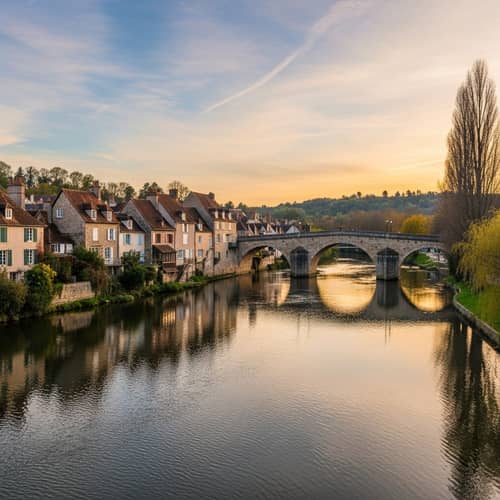 Tranquil Riverside Town at Late Sunset | Charming Houses & Stone Bridge