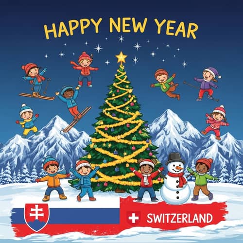 Multicultural New Year T-Shirt Design with Snowy Mountain & Christmas Tree